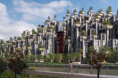 A look at the heavily landscaped canalside at Thomas Heatherwick's 1000 Trees project in Shanghai, China.